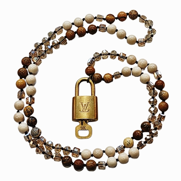 Louis Vuitton Gold Padlock & Key Neutral Beaded Statement Necklace - Picture 1 of 10